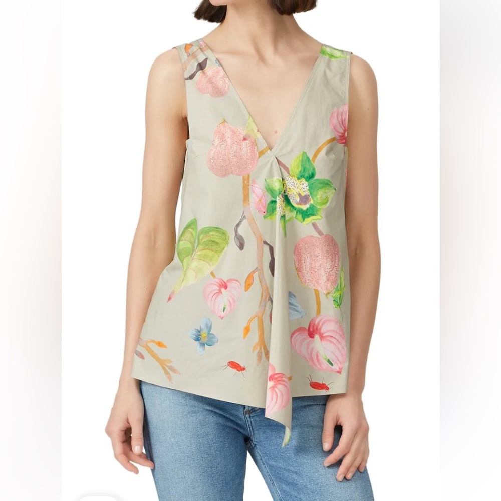 Tibi Deep V-Neck Sleeveless Printed Top 100% Cotton Size 4